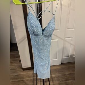 Sherri Hill Light Blue Rhinestone Formal Mini Dress